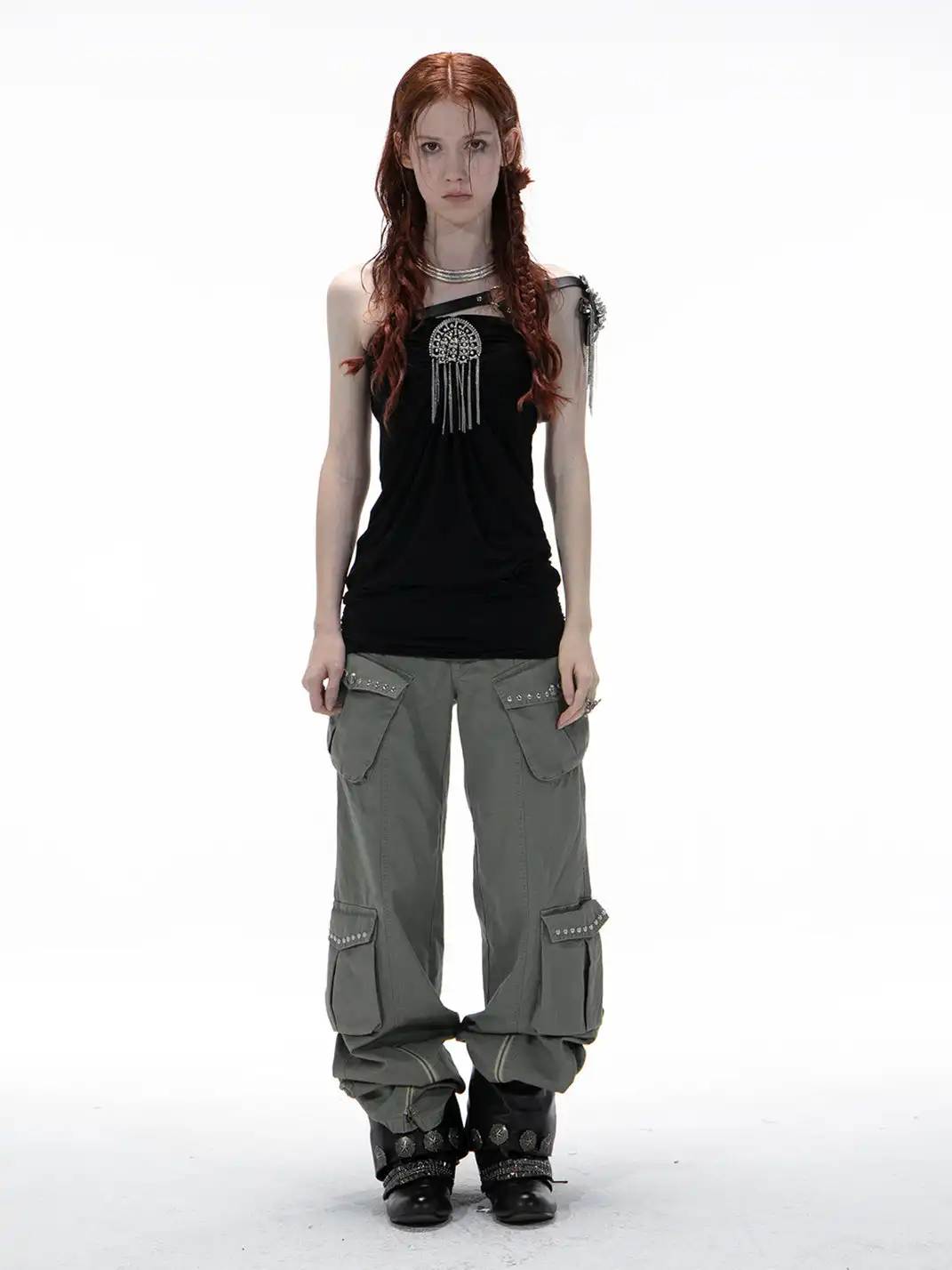 DoublePunch | Distressed Straight-Leg Wide-Leg Cargo Pants