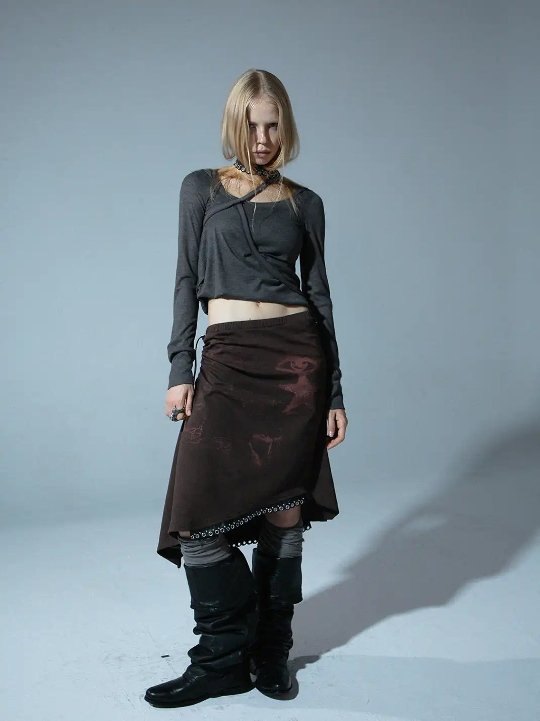 DoublePunch | Printed Irregular Low-Waisted Midi Skirt