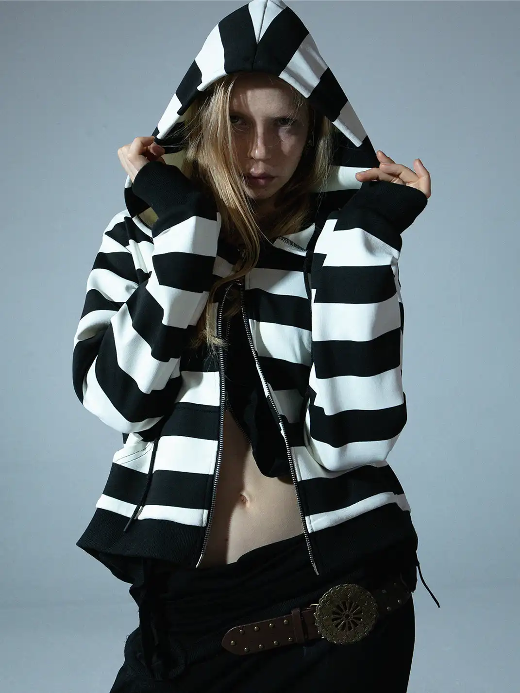 DoublePunch | Color-Blocked Striped Zip-Up Hoodie