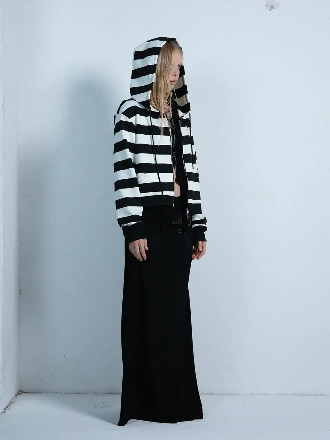 DoublePunch | Color-Blocked Striped Zip-Up Hoodie