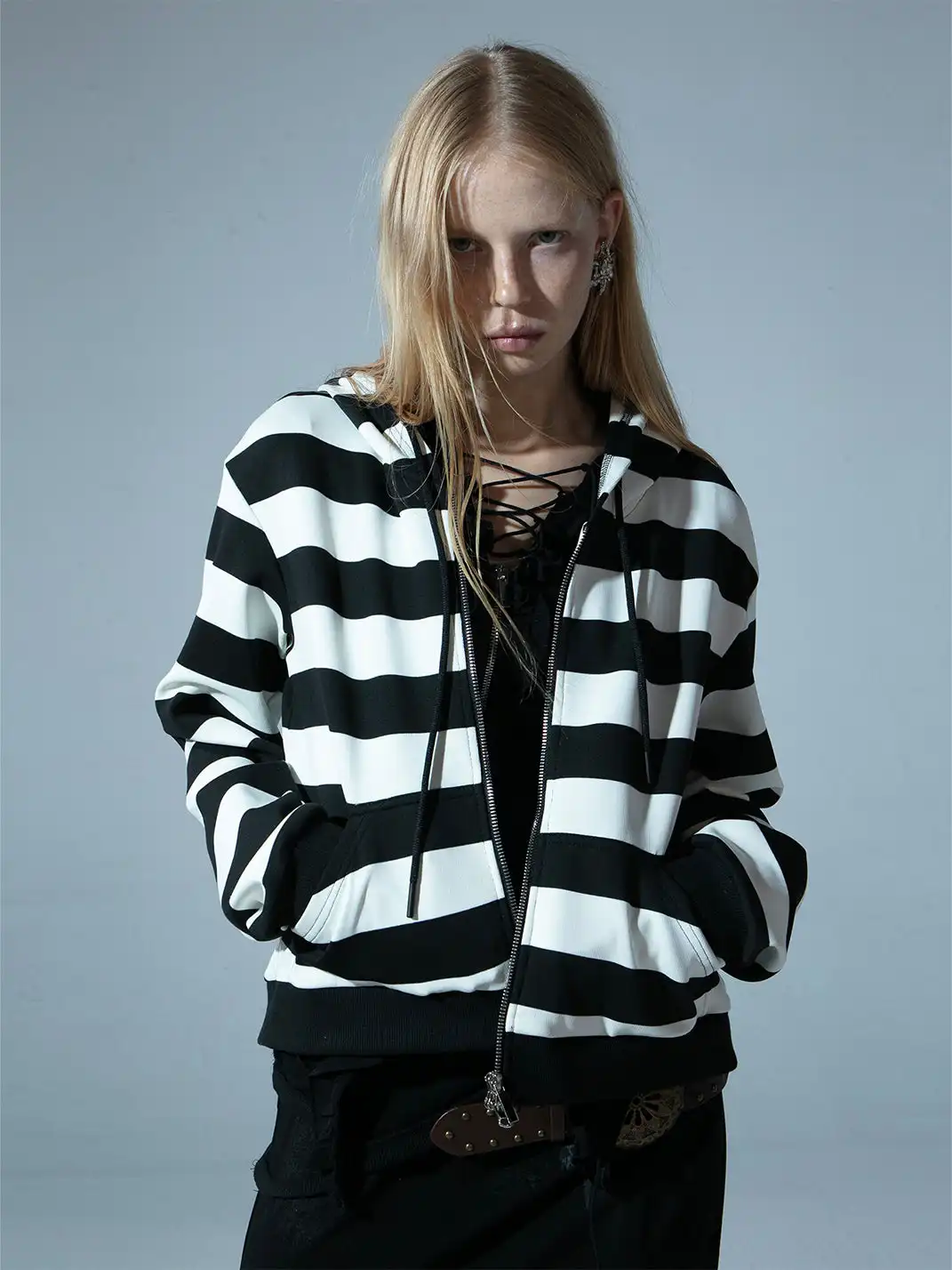 DoublePunch | Color-Blocked Striped Zip-Up Hoodie
