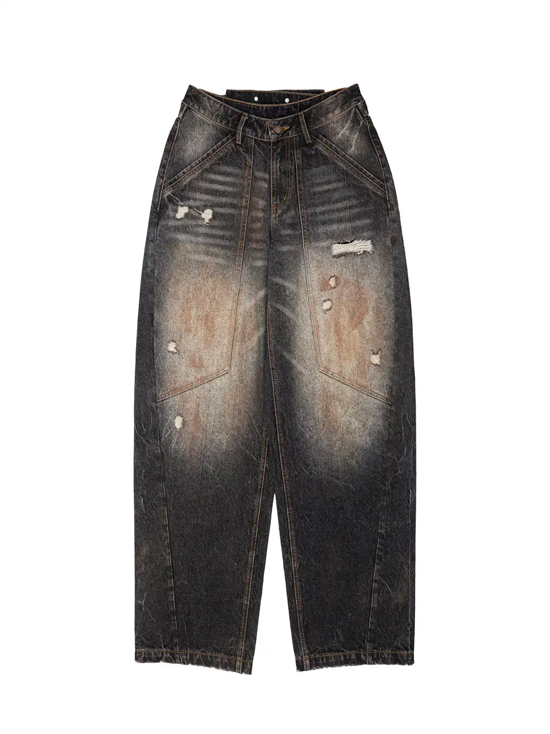 DoublePunch | Distressed Mud-Dyed Low-Rise Curved Jeans