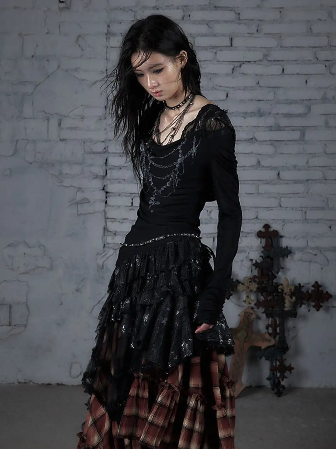 NO ROMANCE | Lace Knit Bottom Long Sleeve Hooded Dress