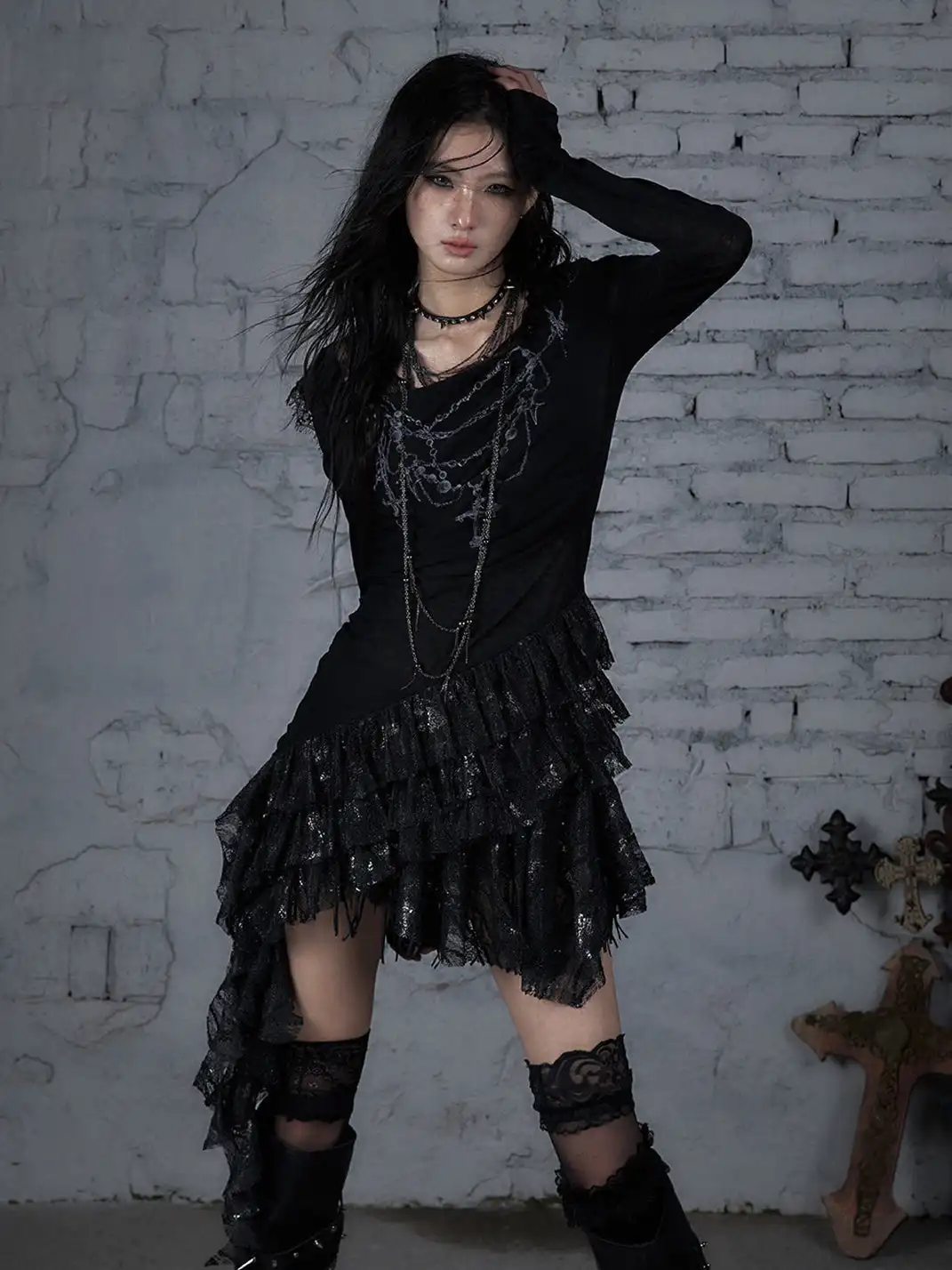 NO ROMANCE | Lace Knit Bottom Long Sleeve Hooded Dress