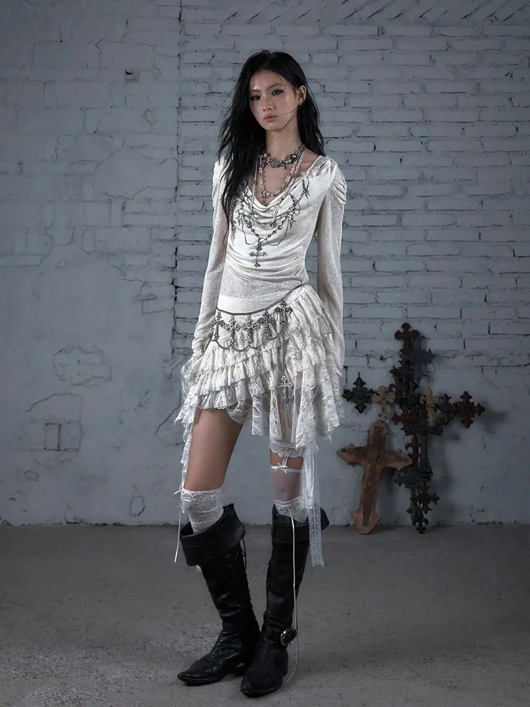 NO ROMANCE | Lace Knit Bottom Long Sleeve Hooded Dress