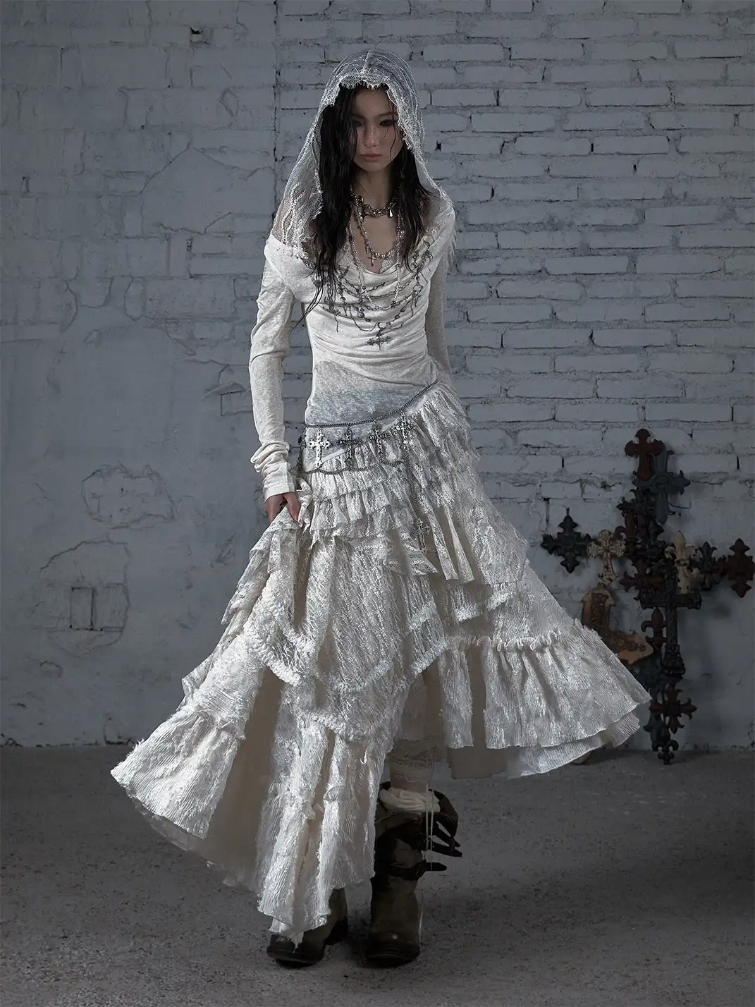 NO ROMANCE | Lace Knit Bottom Long Sleeve Hooded Dress