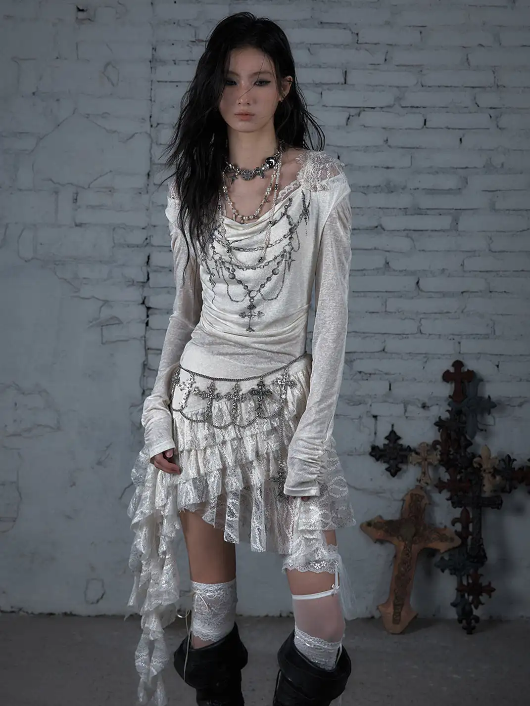 NO ROMANCE | Lace Knit Bottom Long Sleeve Hooded Dress