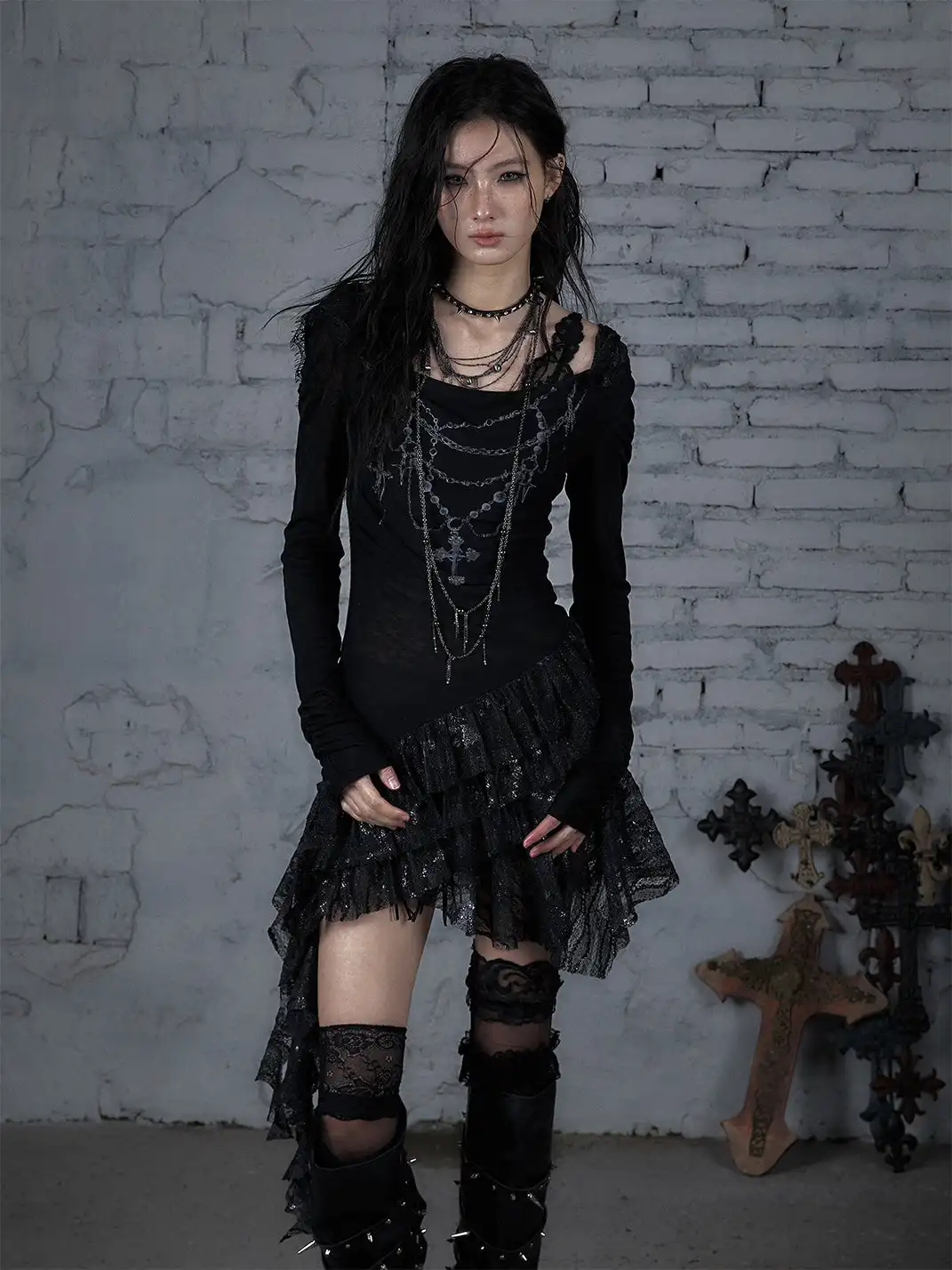 NO ROMANCE | Lace Knit Bottom Long Sleeve Hooded Dress