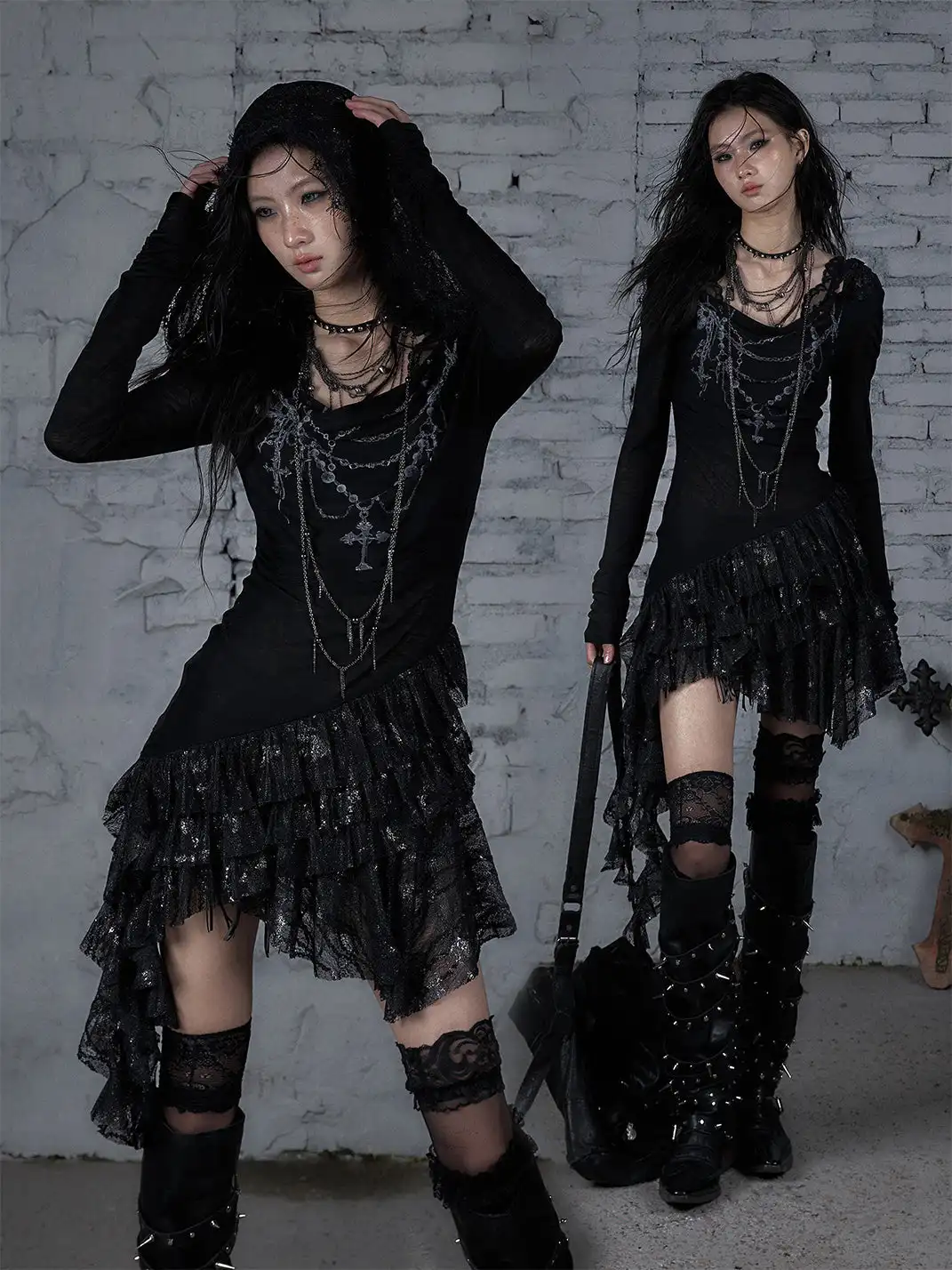NO ROMANCE | Lace Knit Bottom Long Sleeve Hooded Dress