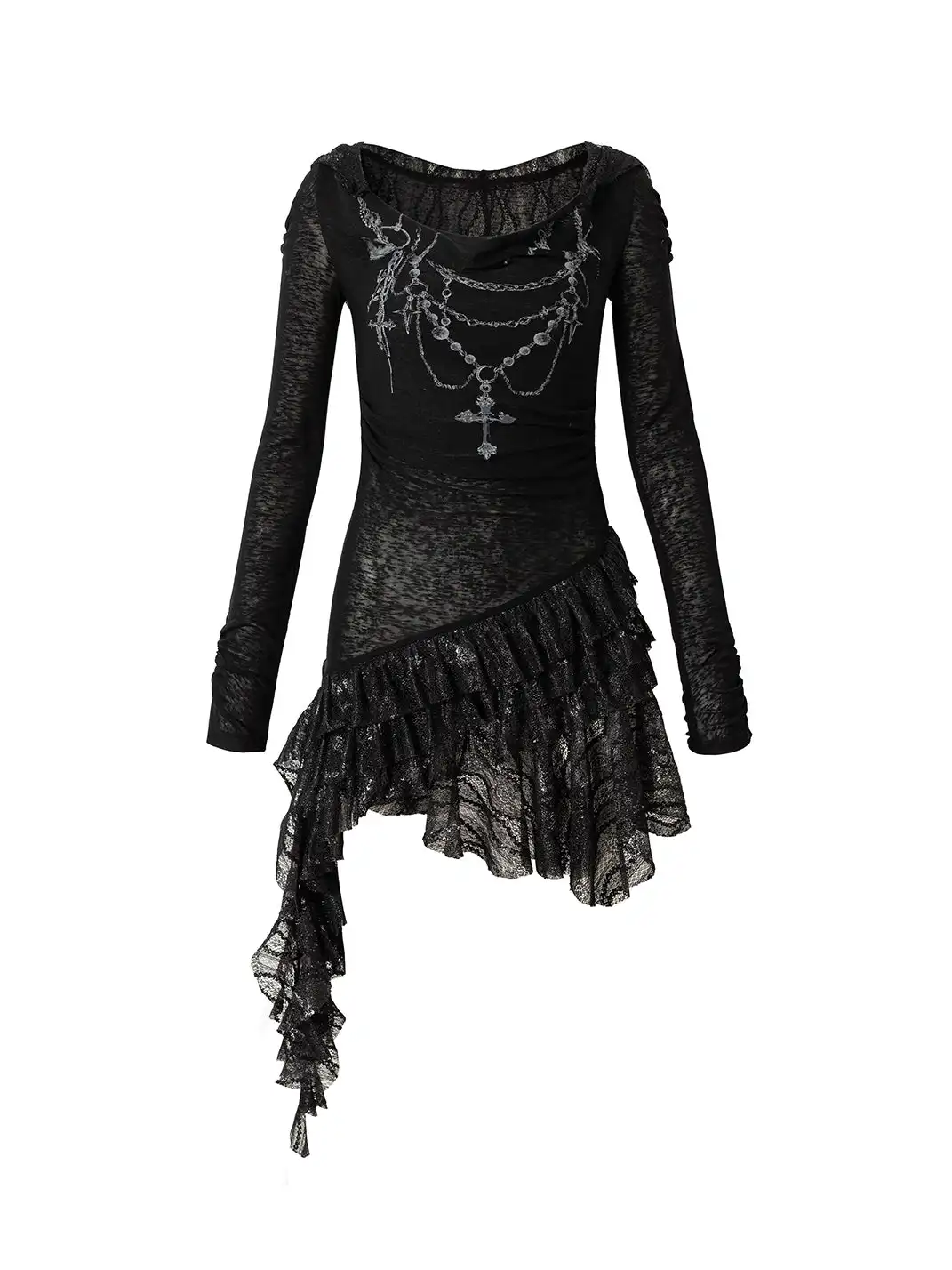 NO ROMANCE | Lace Knit Bottom Long Sleeve Hooded Dress