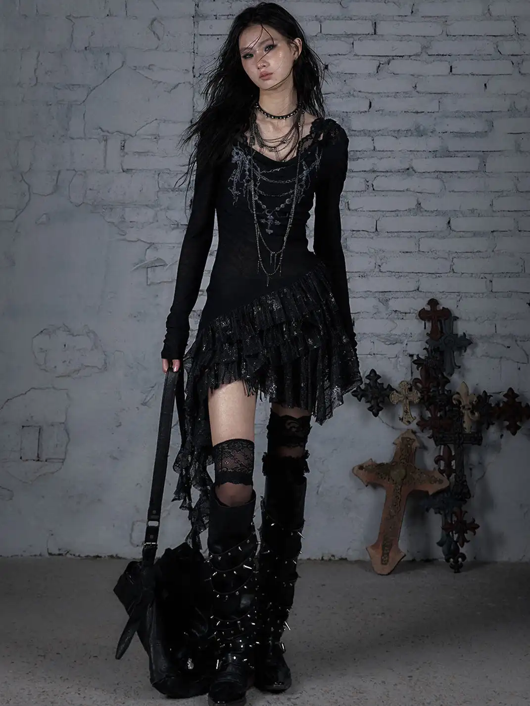 NO ROMANCE | Lace Knit Bottom Long Sleeve Hooded Dress