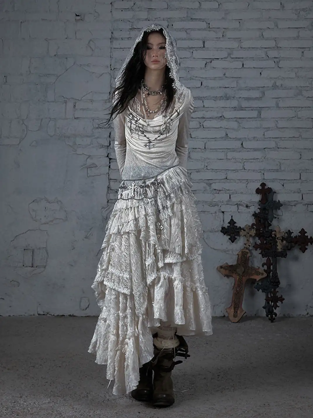 NO ROMANCE | Lace Knit Bottom Long Sleeve Hooded Dress