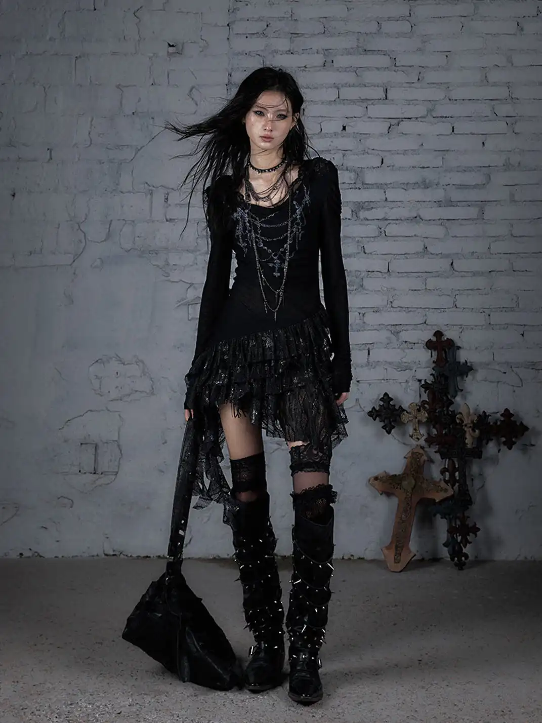 NO ROMANCE | Lace Knit Bottom Long Sleeve Hooded Dress