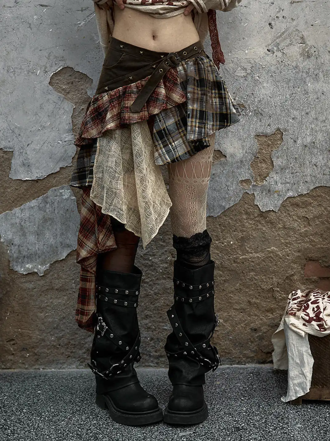 NO ROMANCE | Spliced Plaid Irregular Half-body Skirt
