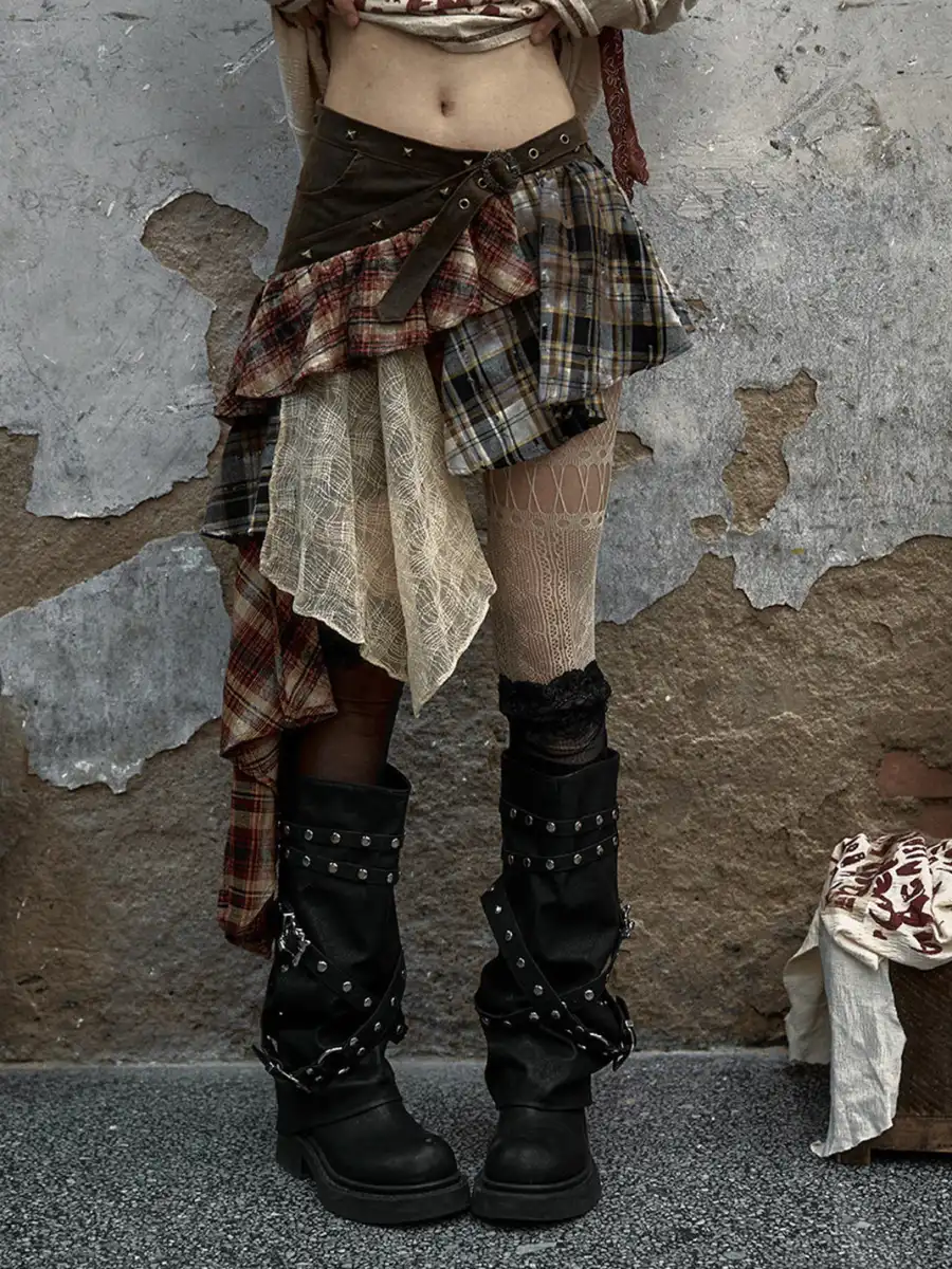 NO ROMANCE | Spliced Plaid Irregular Half-body Skirt - 2