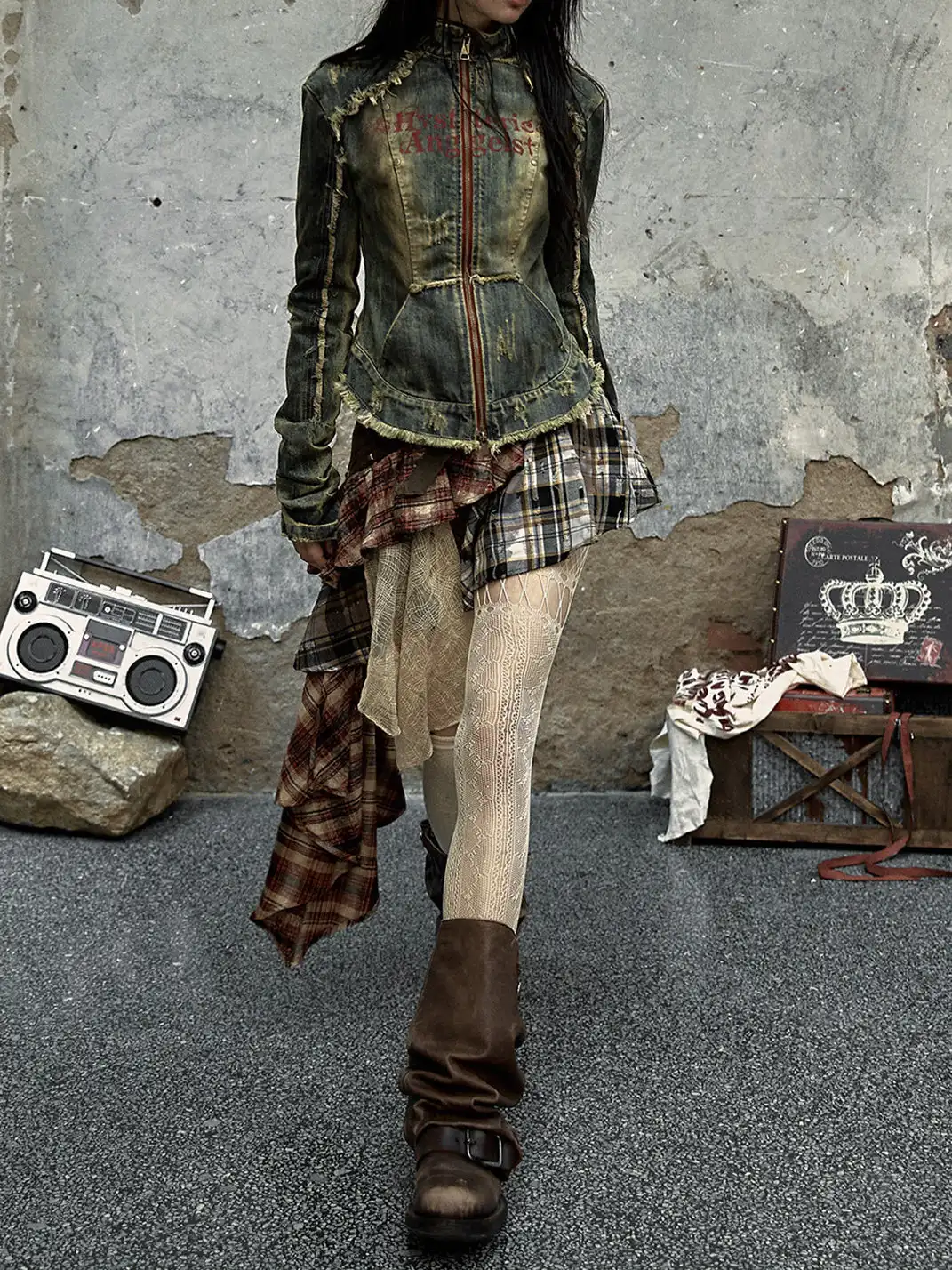 NO ROMANCE | Spliced Plaid Irregular Half-body Skirt