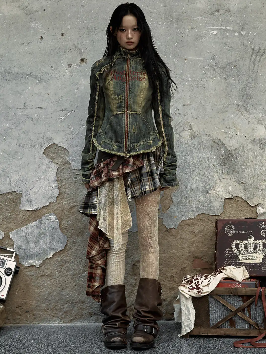 NO ROMANCE | Spliced Plaid Irregular Half-body Skirt