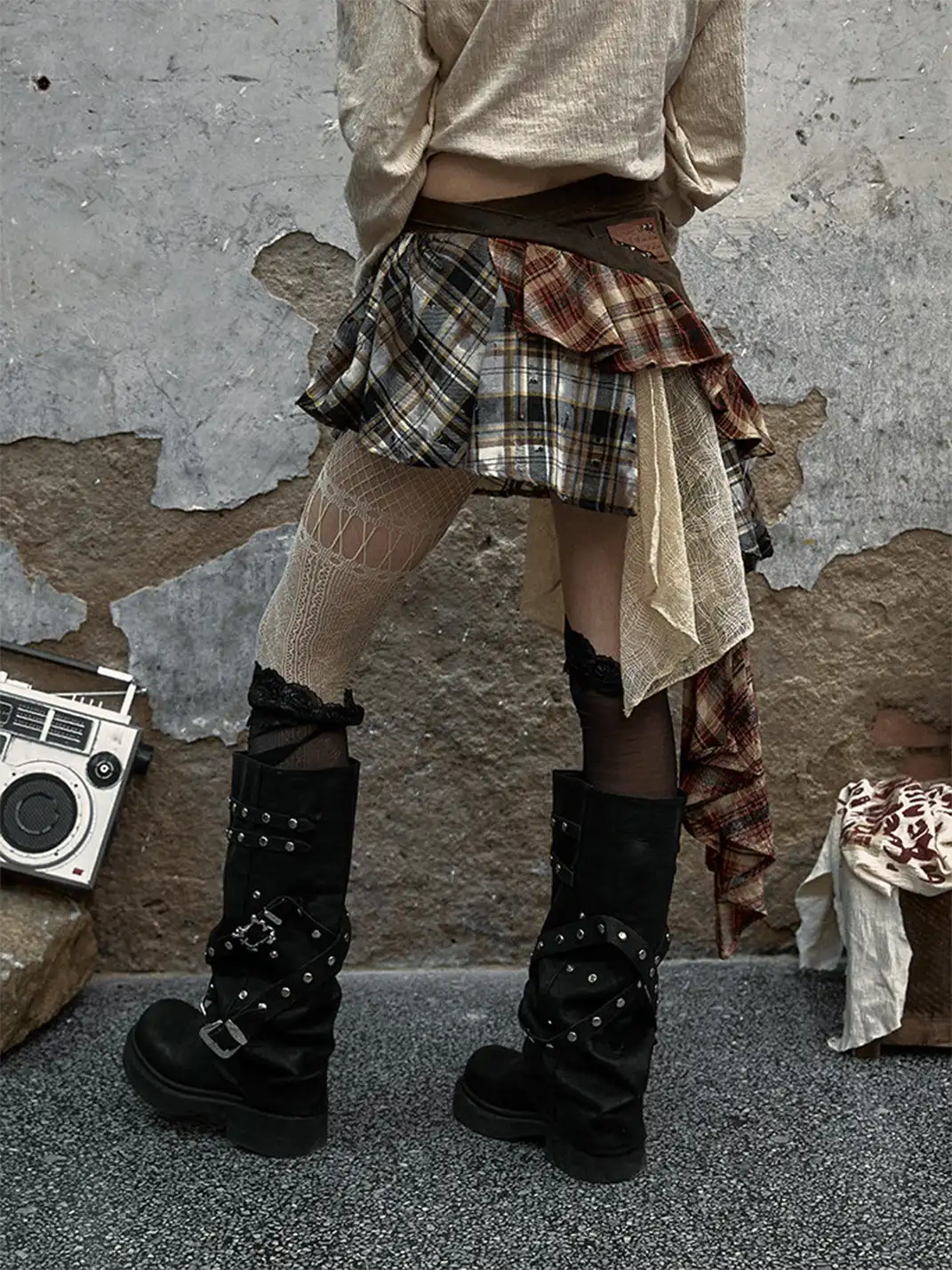 NO ROMANCE | Spliced Plaid Irregular Half-body Skirt