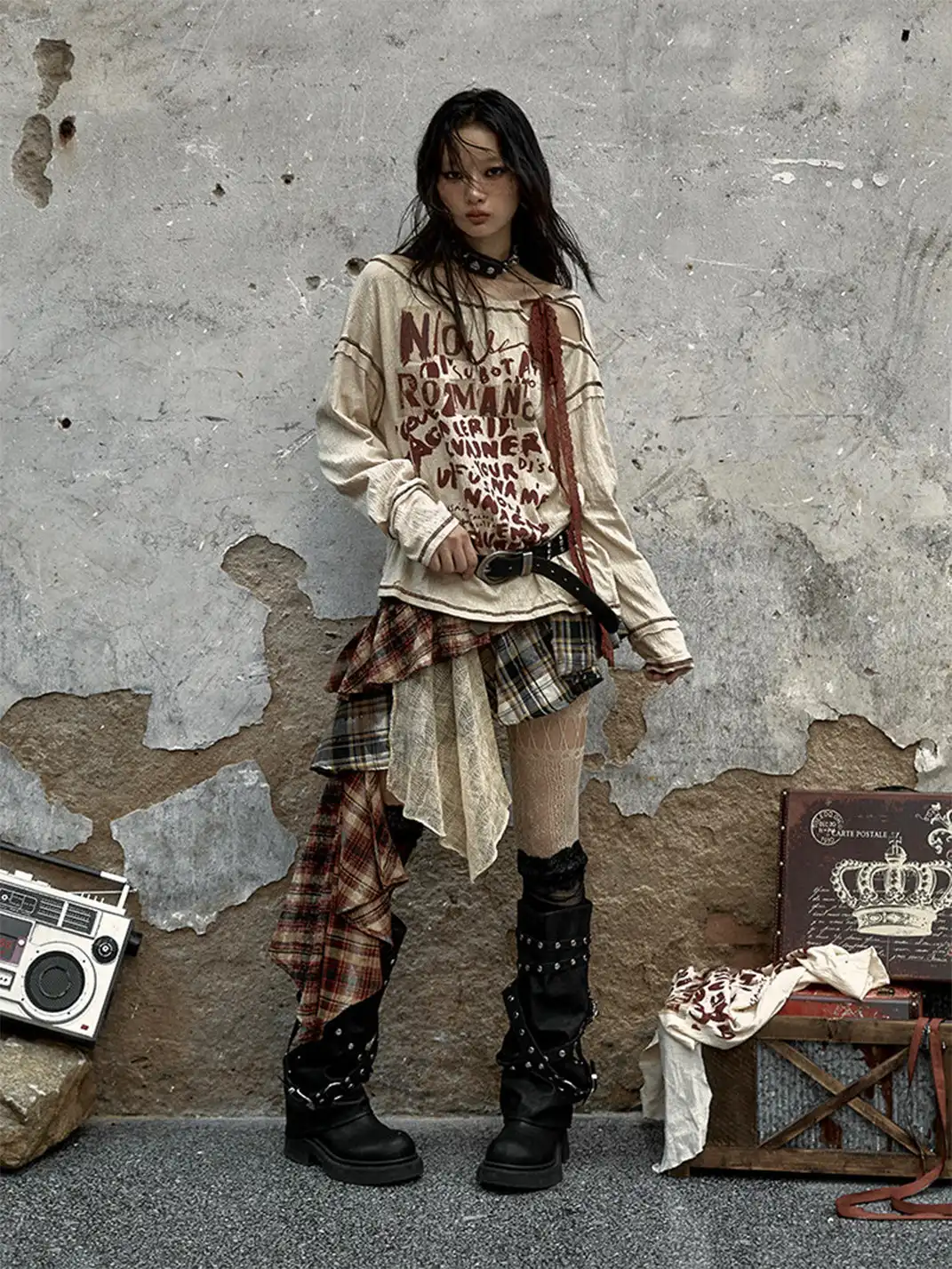 NO ROMANCE | Spliced Plaid Irregular Half-body Skirt