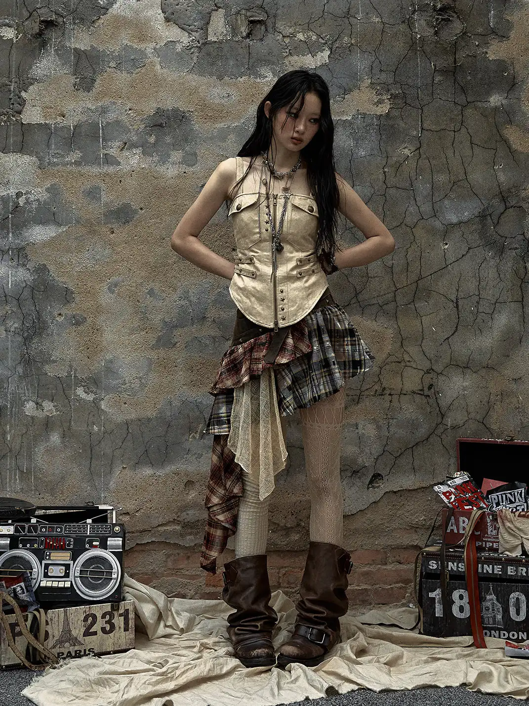 NO ROMANCE | Spliced Plaid Irregular Half-body Skirt
