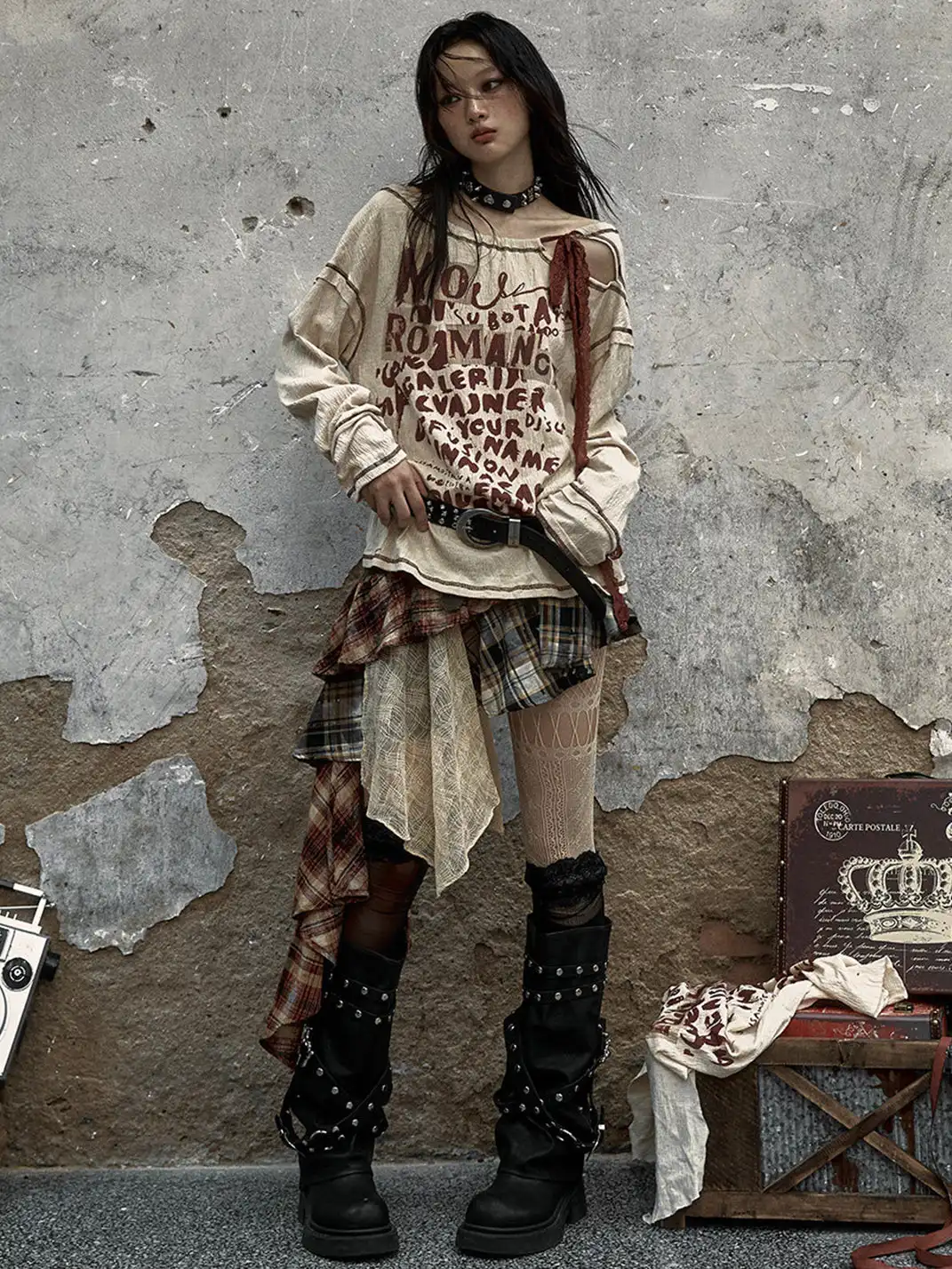 NO ROMANCE | Spliced Plaid Irregular Half-body Skirt