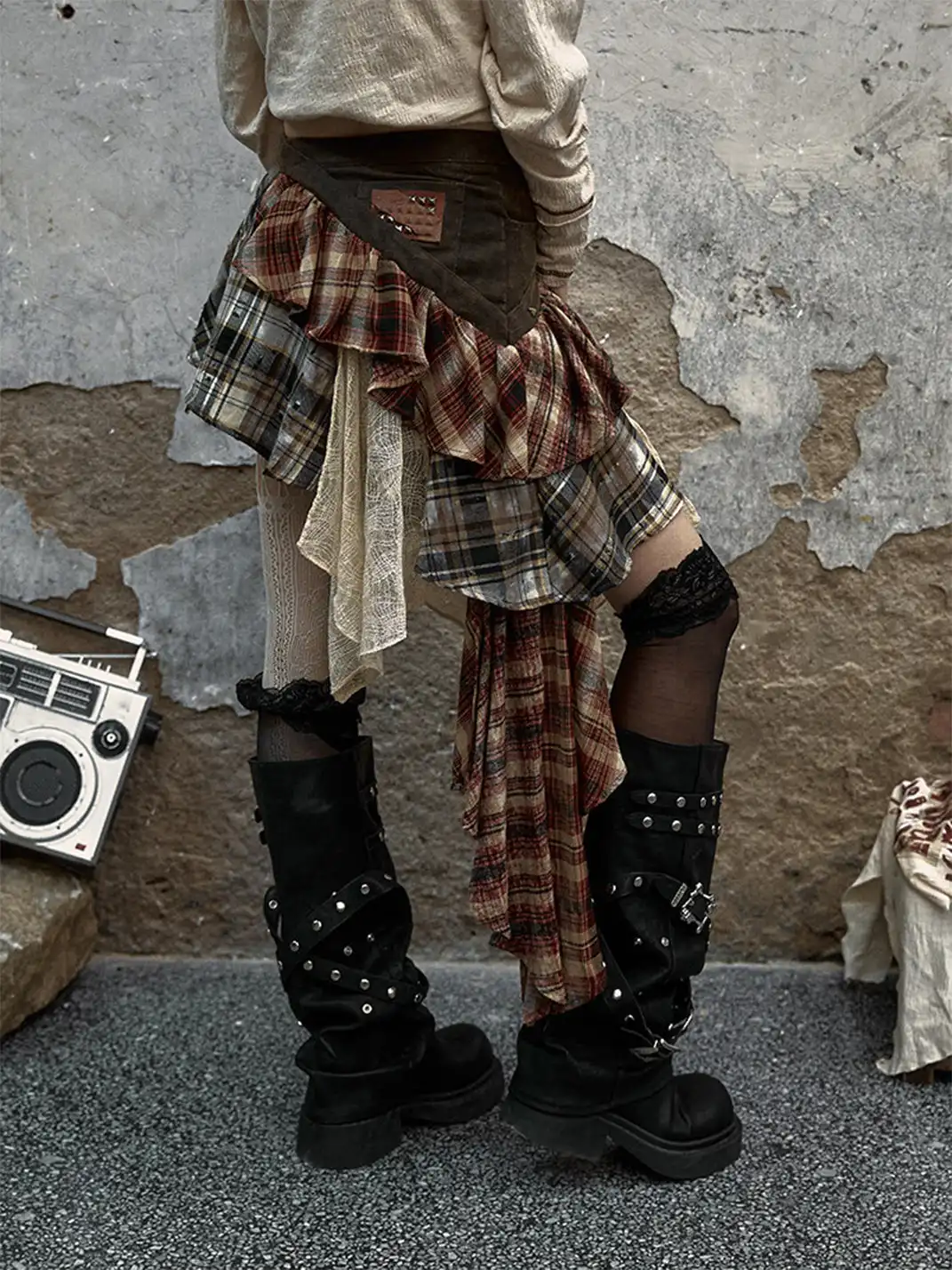 NO ROMANCE | Spliced Plaid Irregular Half-body Skirt