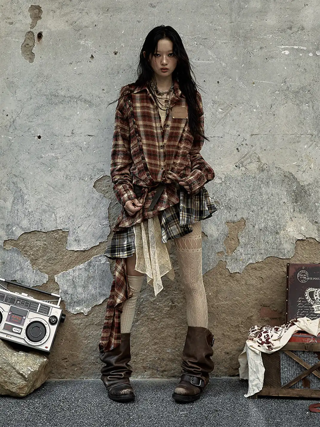 NO ROMANCE | Spliced Plaid Irregular Half-body Skirt