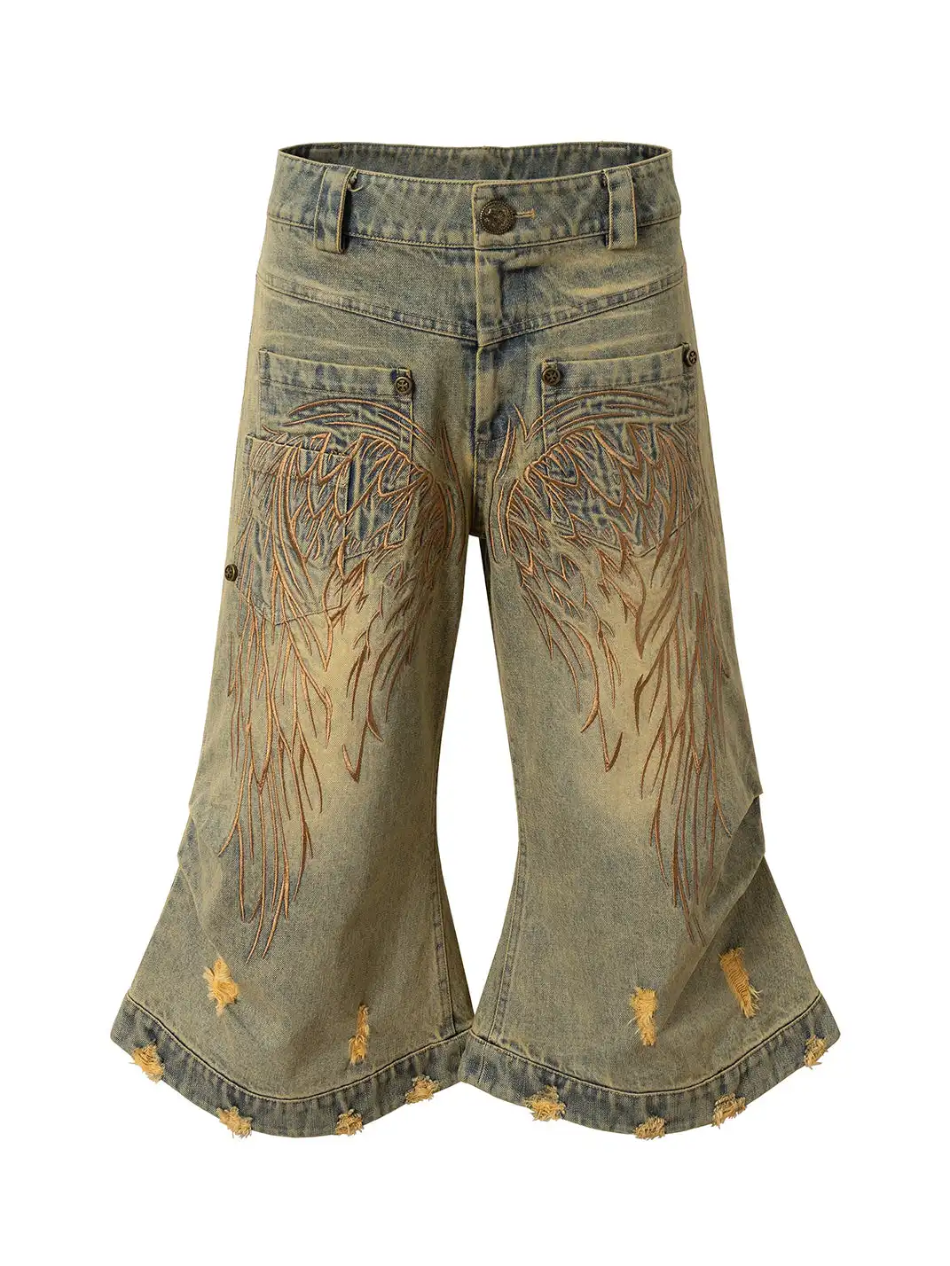 NO ROMANCE | Heavy-Duty Embroidered Wings Washed Capri Jeans