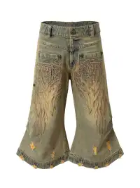 NO ROMANCE | Heavy-Duty Embroidered Wings Washed Capri Jeans