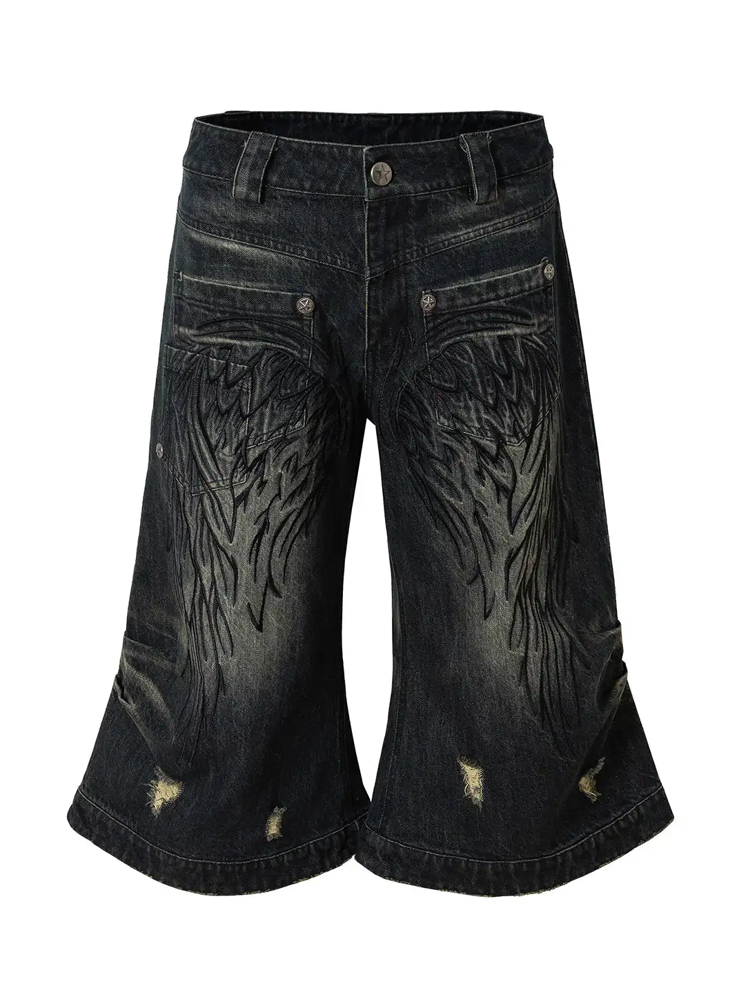 NO ROMANCE | Heavy-Duty Embroidered Wings Washed Capri Jeans