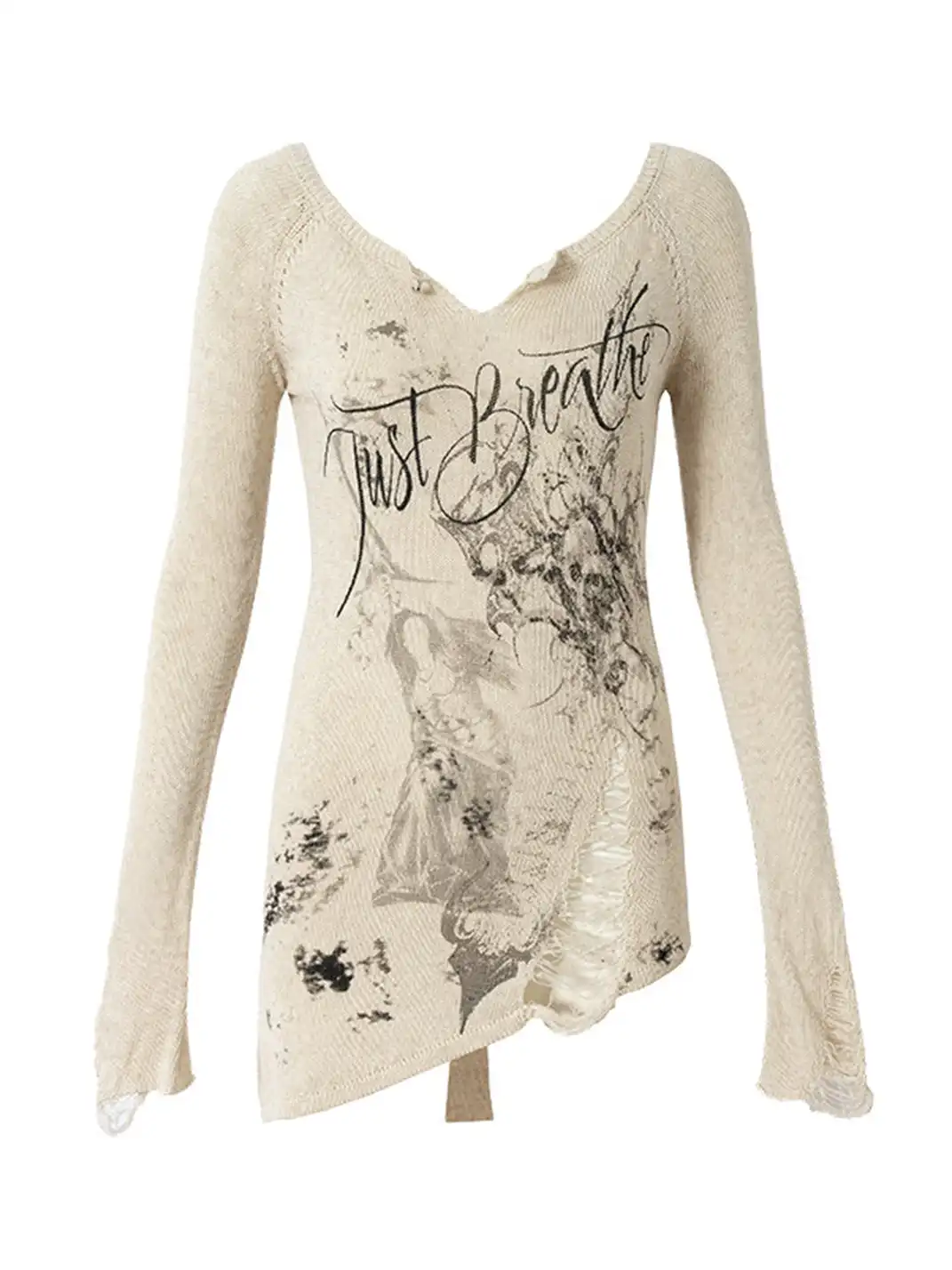 NO ROMANCE | Printed Distressed Slim-Fit V-Neck Long-Sleeved Knit Top