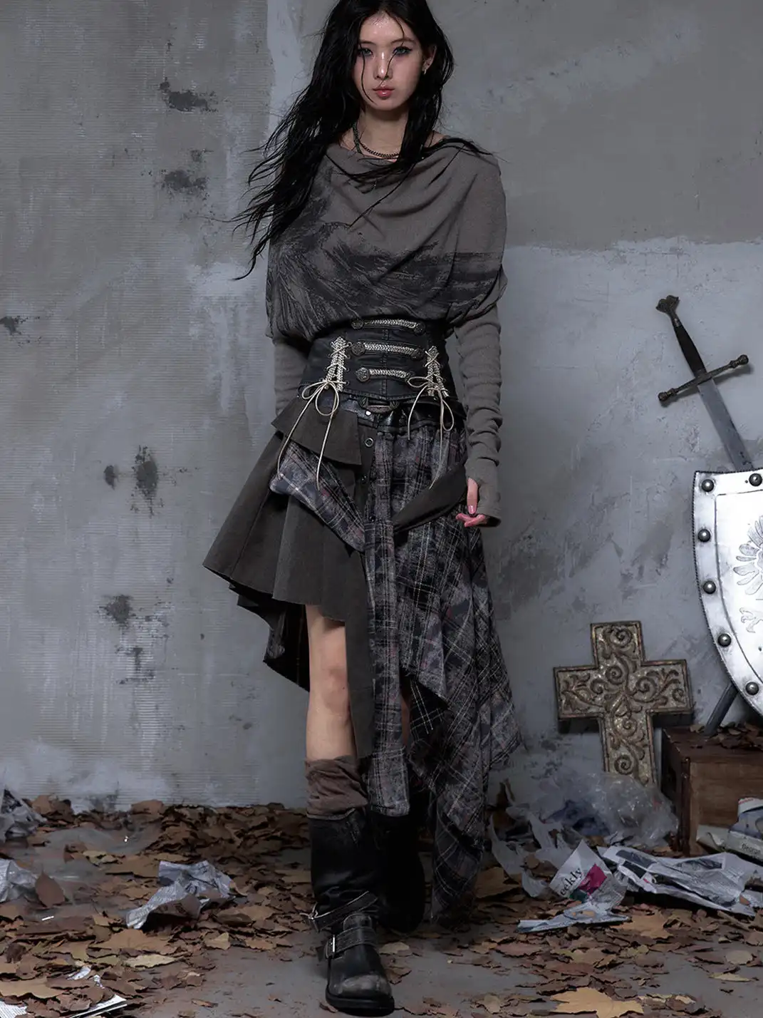 NO ROMANCE | One-Piece Asymmetrical Plaid Shirt Skirt