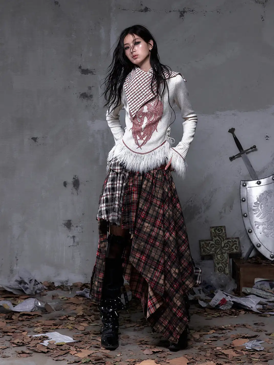 NO ROMANCE | One-Piece Asymmetrical Plaid Shirt Skirt