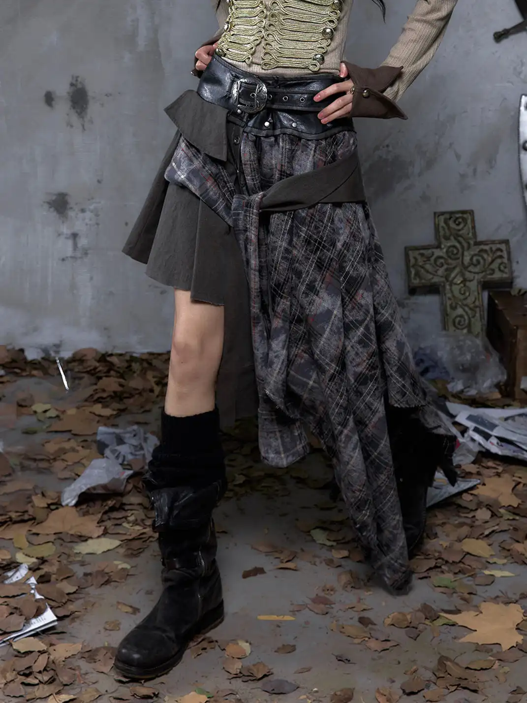 NO ROMANCE | One-Piece Asymmetrical Plaid Shirt Skirt