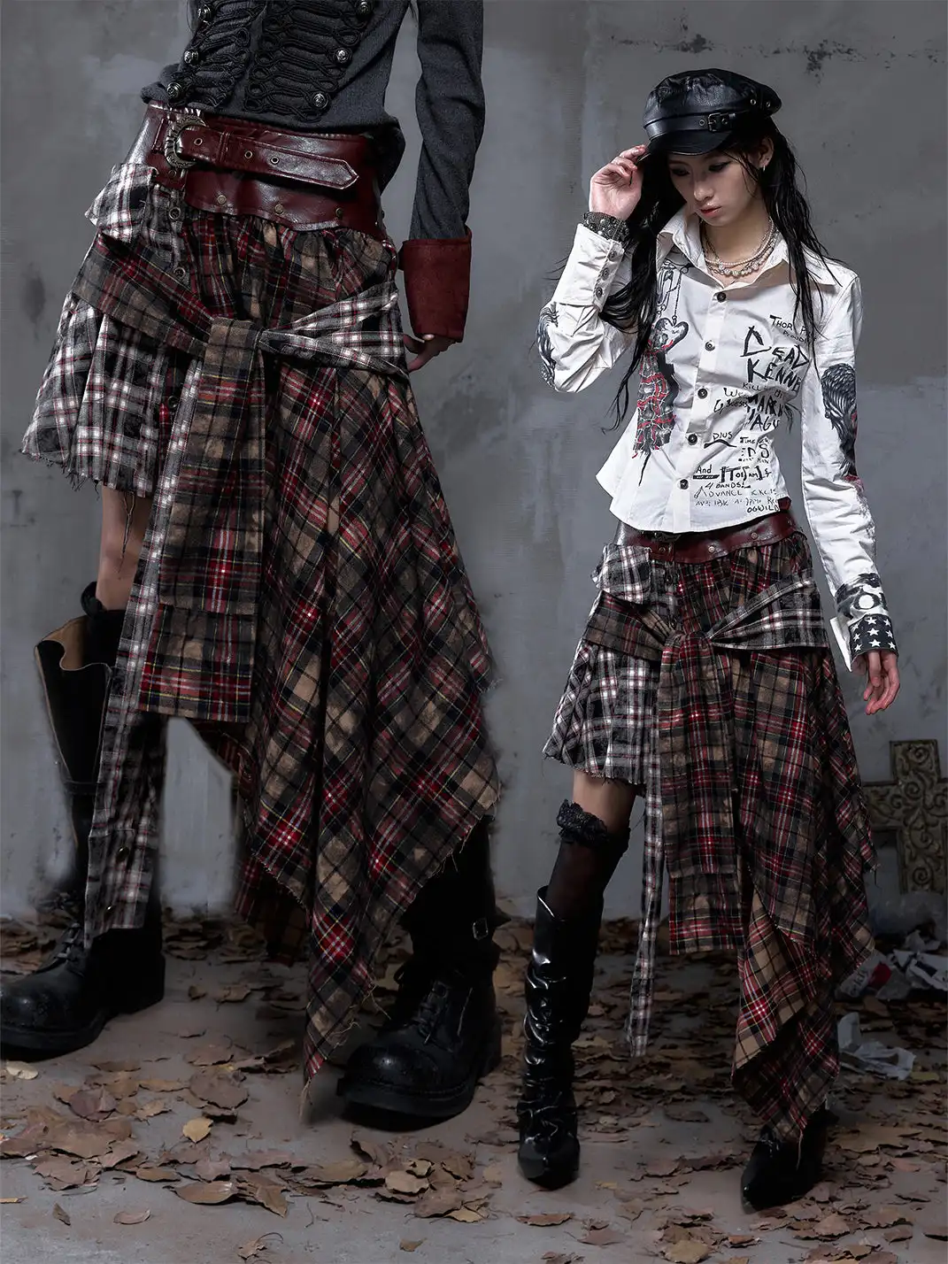 NO ROMANCE | One-Piece Asymmetrical Plaid Shirt Skirt