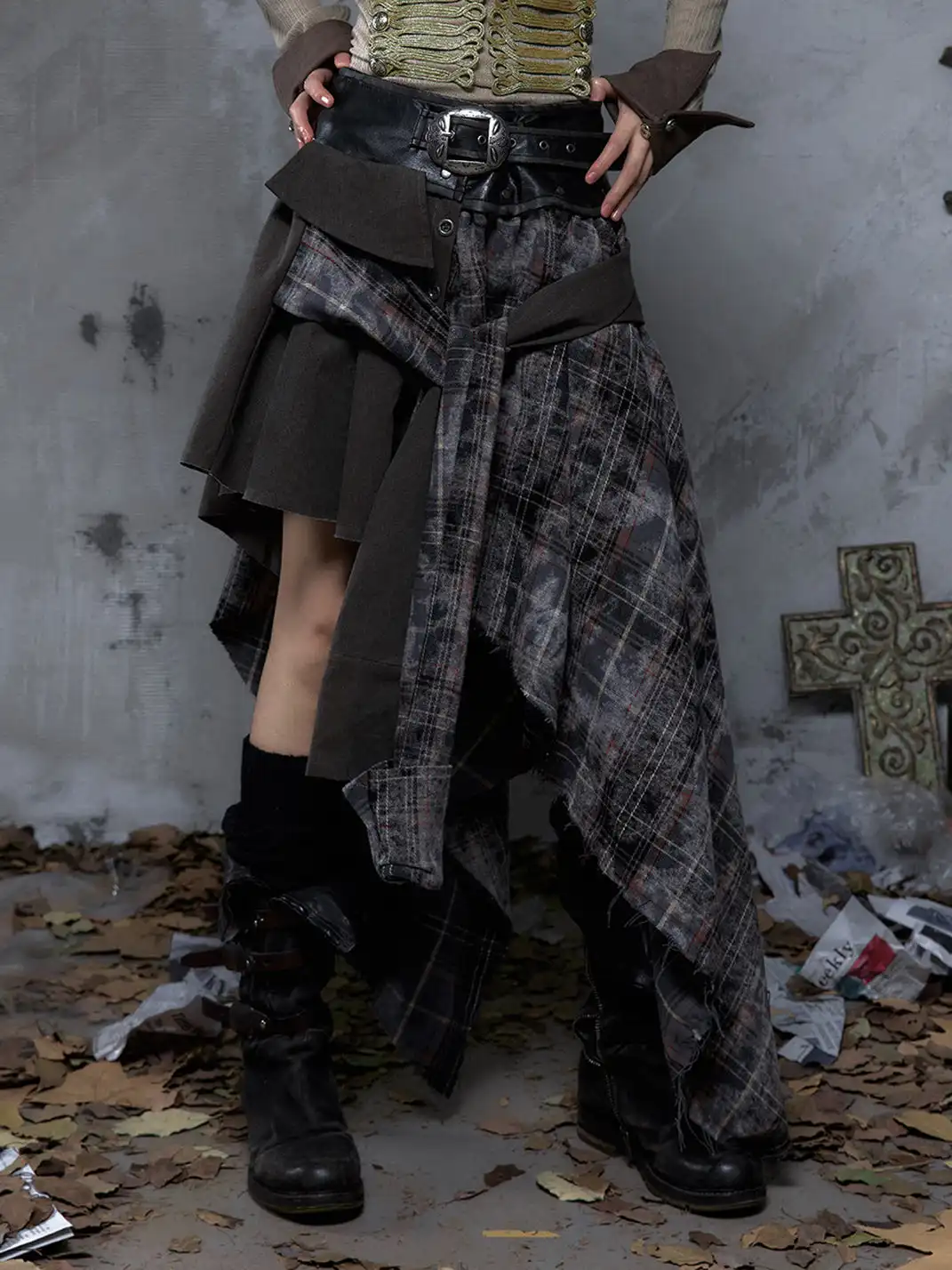 NO ROMANCE | One-Piece Asymmetrical Plaid Shirt Skirt
