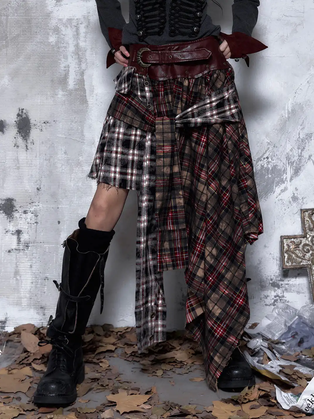 NO ROMANCE | One-Piece Asymmetrical Plaid Shirt Skirt