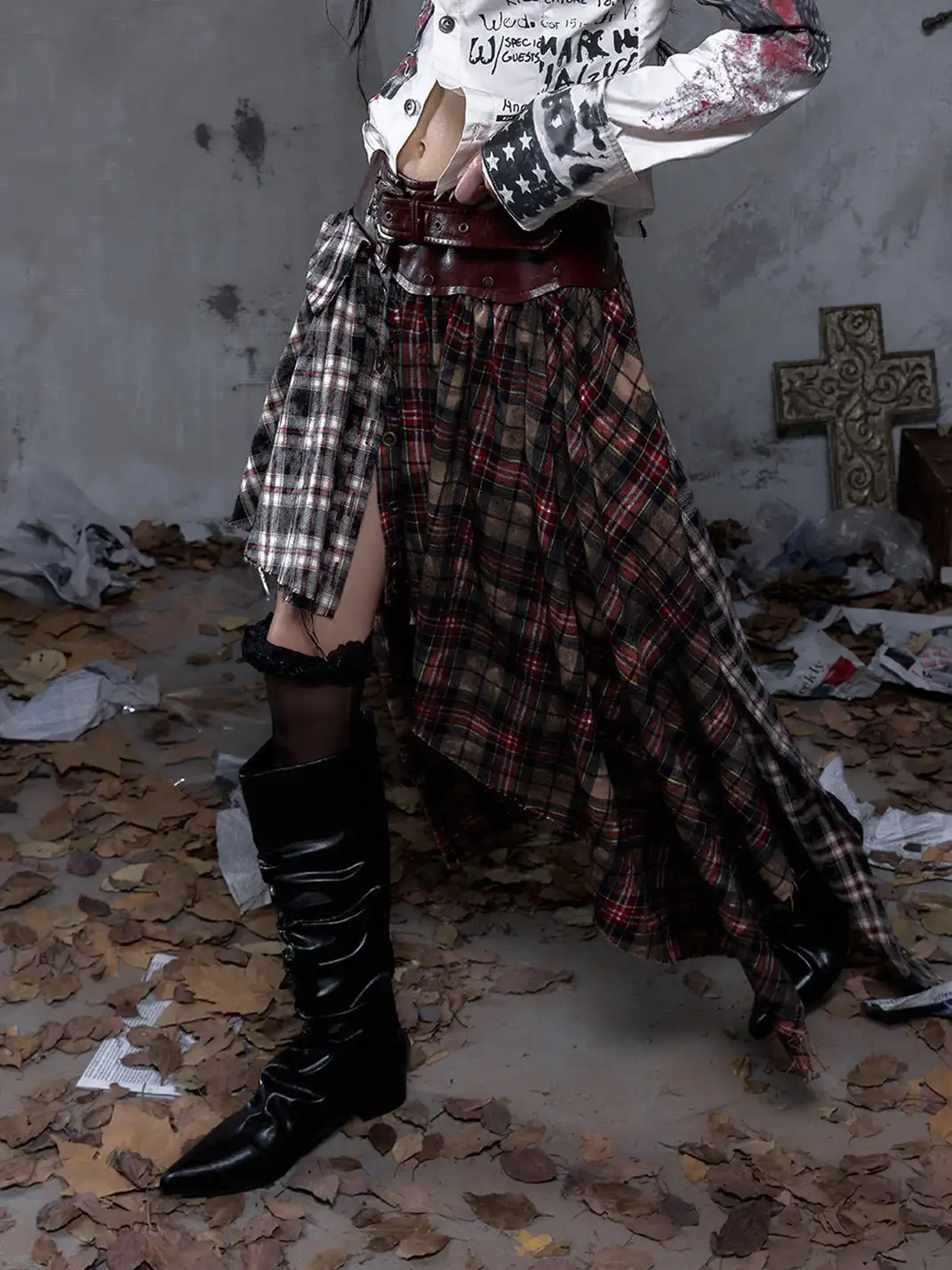NO ROMANCE | One-Piece Asymmetrical Plaid Shirt Skirt