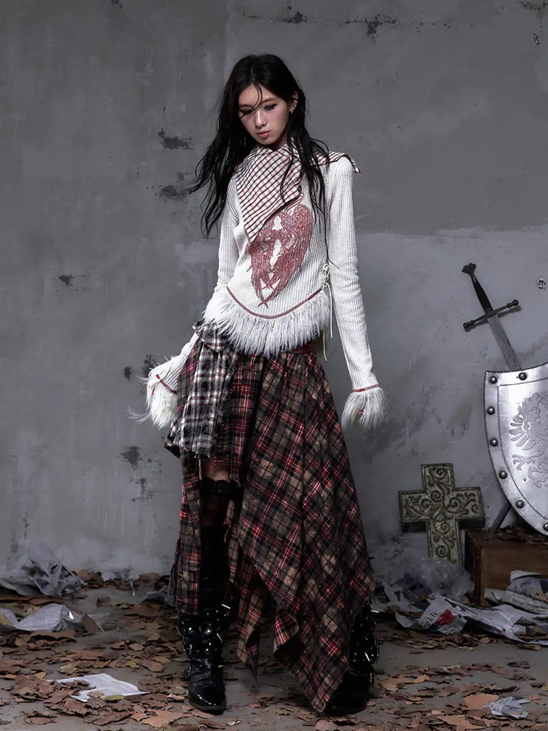 NO ROMANCE | One-Piece Asymmetrical Plaid Shirt Skirt