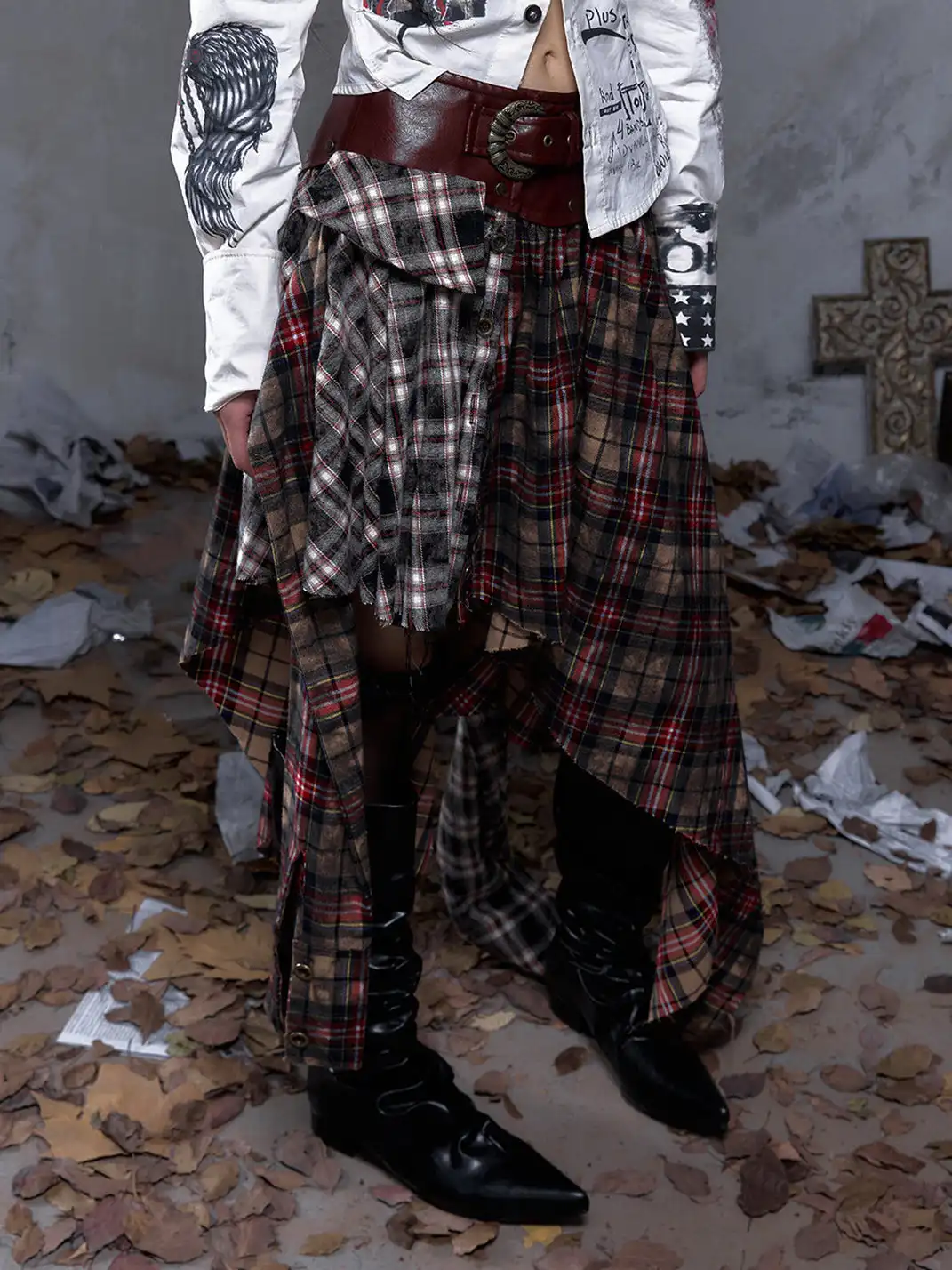 NO ROMANCE | One-Piece Asymmetrical Plaid Shirt Skirt