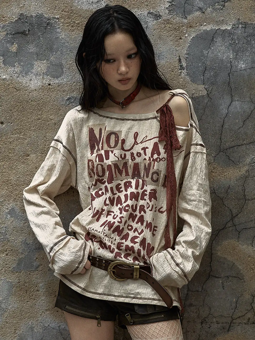 NO ROMANCE | Lace-up Printed Long-Sleeved Top