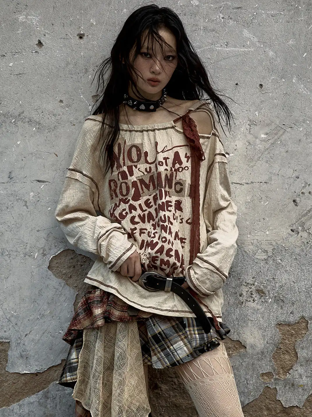 NO ROMANCE | Lace-up Printed Long-Sleeved Top