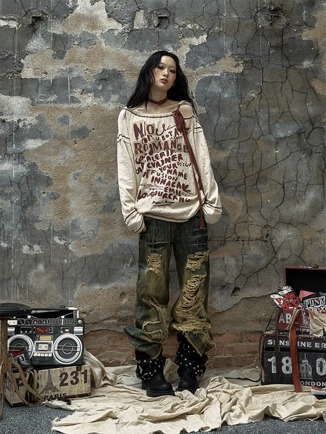 NO ROMANCE | Lace-up Printed Long-Sleeved Top