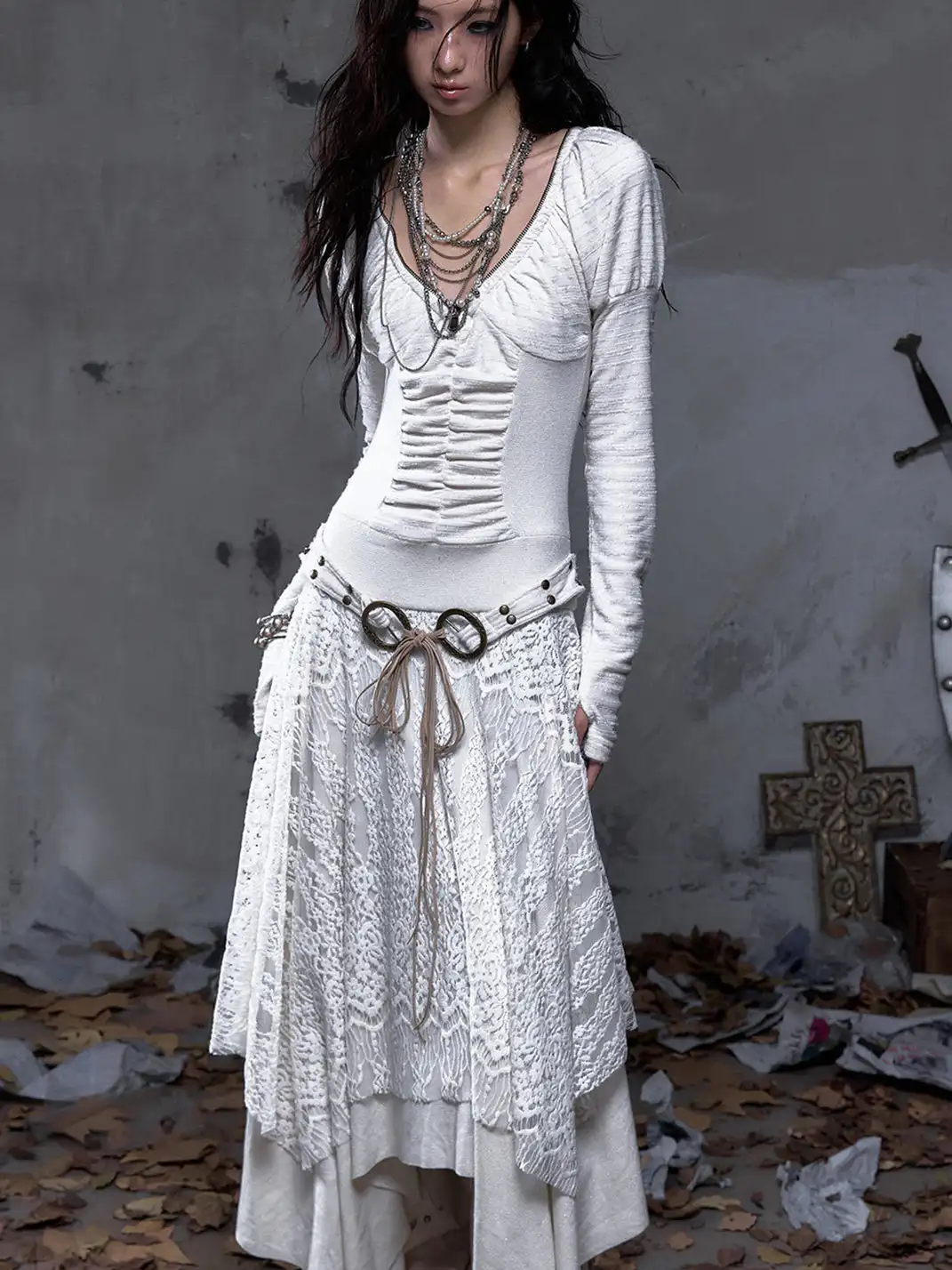 NO ROMANCE | V-Neck Lace-Trimmed Knit Dress