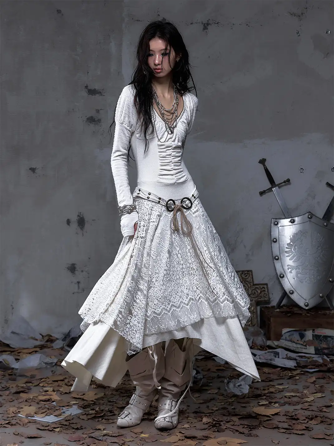 NO ROMANCE | V-Neck Lace-Trimmed Knit Dress