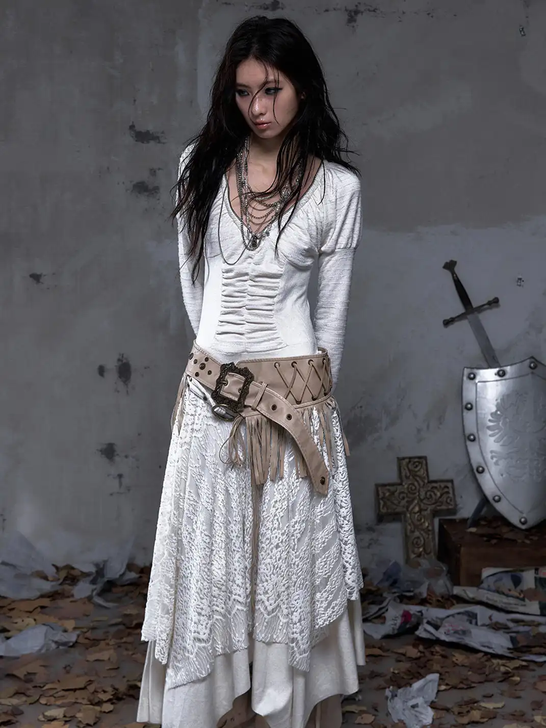 NO ROMANCE | V-Neck Lace-Trimmed Knit Dress