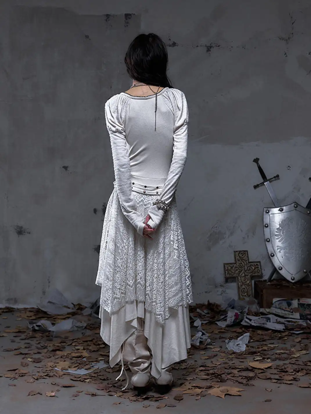NO ROMANCE | V-Neck Lace-Trimmed Knit Dress