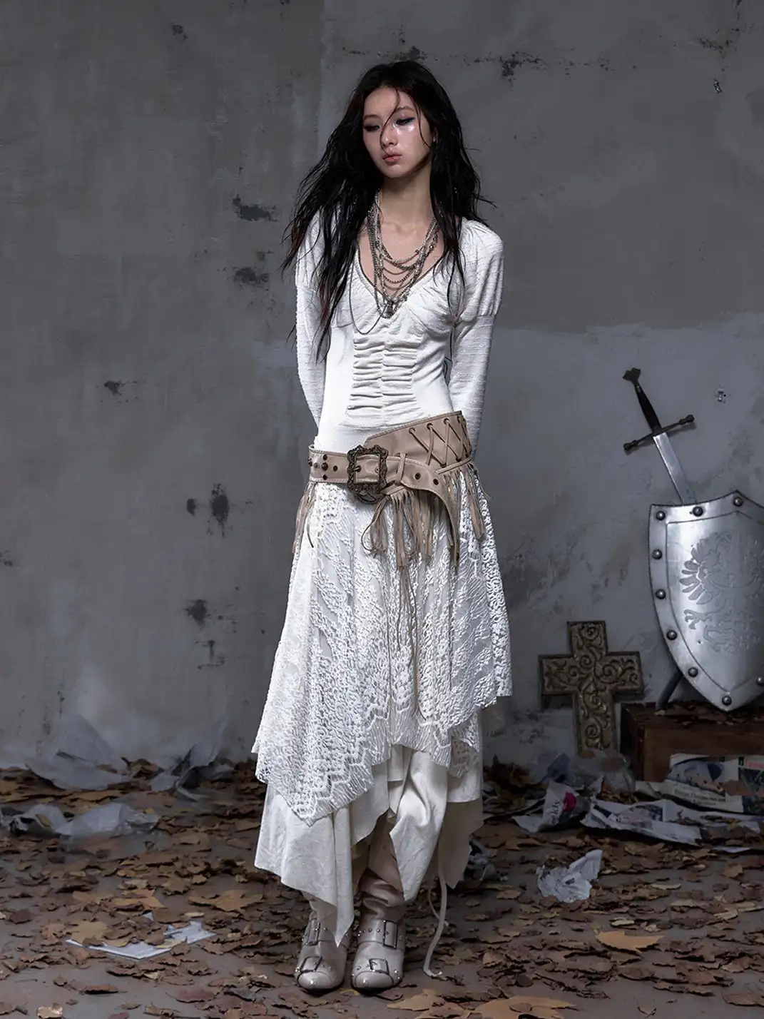 NO ROMANCE | V-Neck Lace-Trimmed Knit Dress