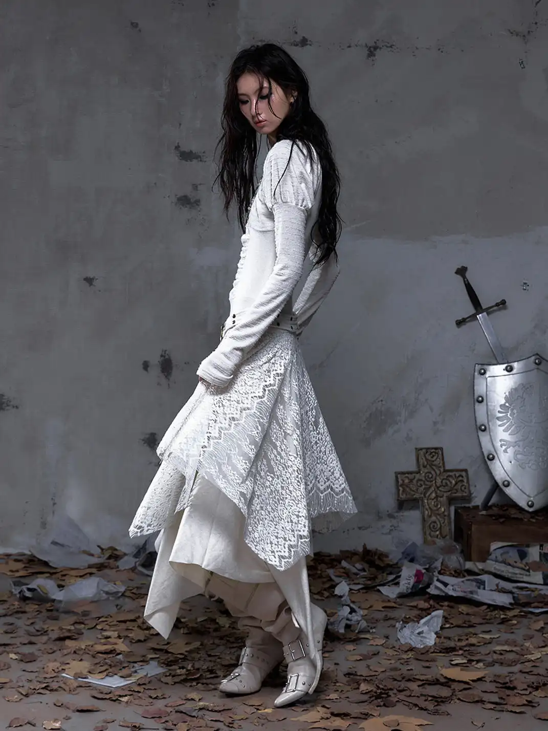 NO ROMANCE | V-Neck Lace-Trimmed Knit Dress