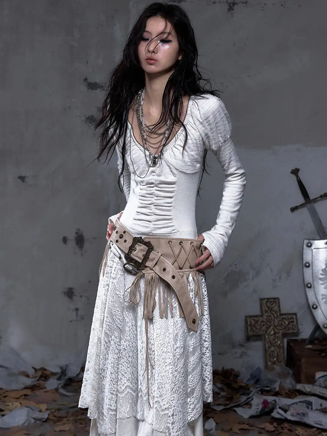 NO ROMANCE | V-Neck Lace-Trimmed Knit Dress